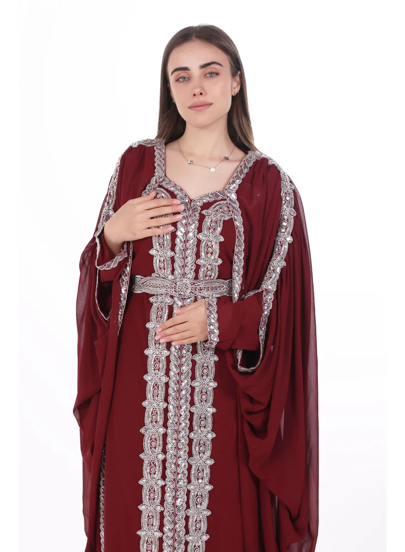 AL BENT AL SHARQIEH burgundy emboidered chiffon kaftan dress for Women | Best Price UAE